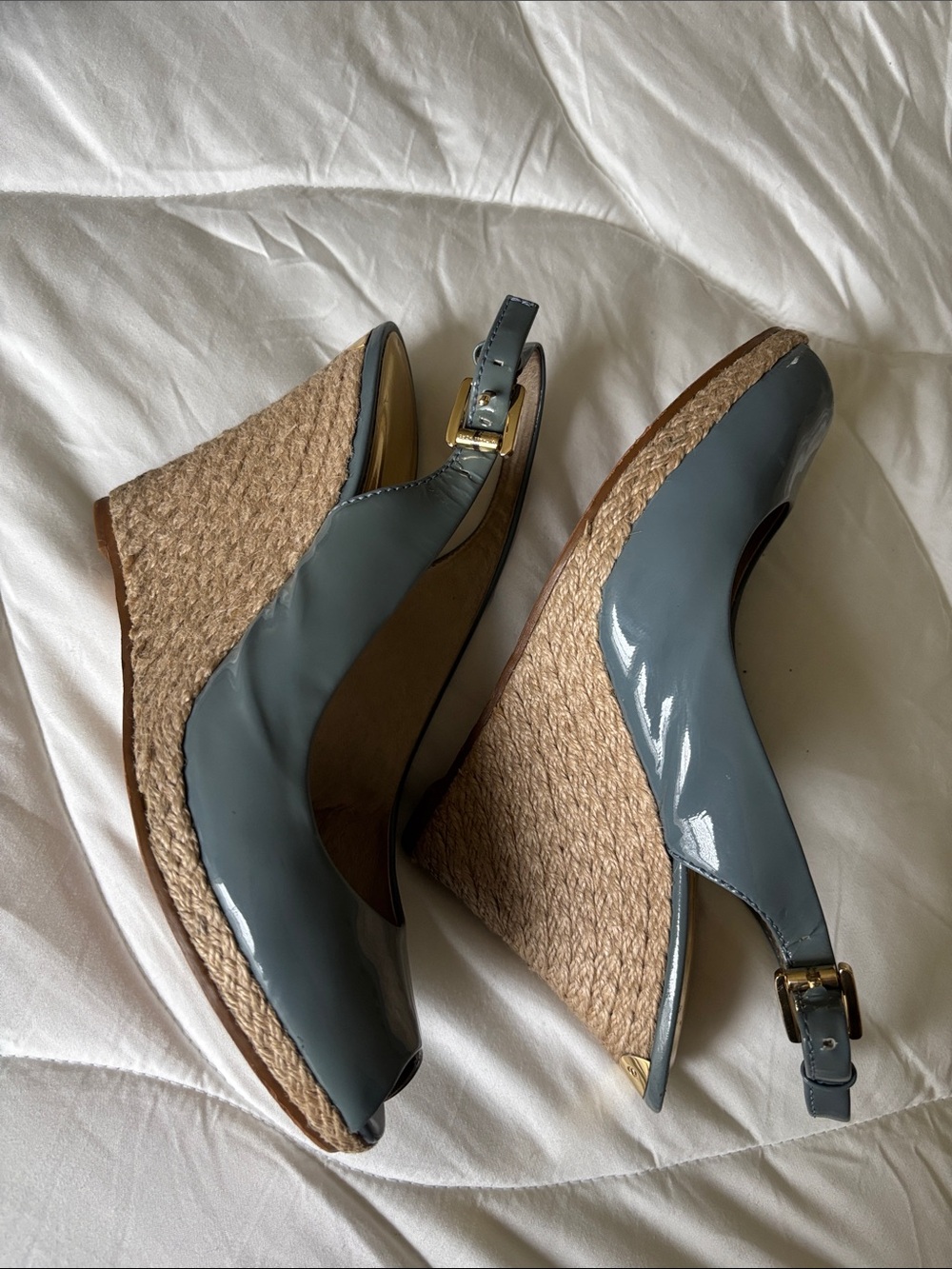 Michael Kors Slate Blue Patent Peep-Toe Slingback Wedges - Picture 2 of 5
